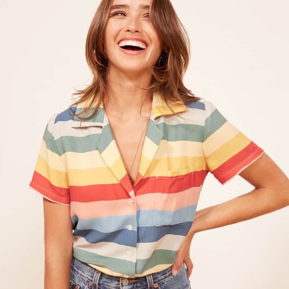 Reformation Tops - Reformation Palma Starburst Rainbow Crepe Blouse